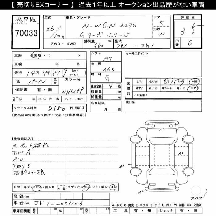 Аукционный лист HONDA N WGN 2014