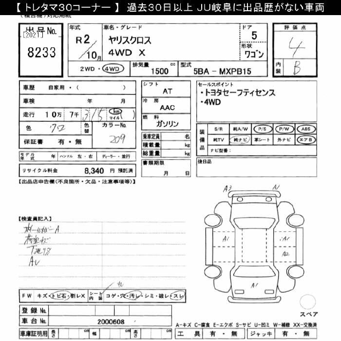 Аукционный лист TOYOTA YARIS CROSS 2020