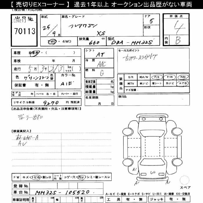 Аукционный лист MAZDA FLAIR WAGON 2013