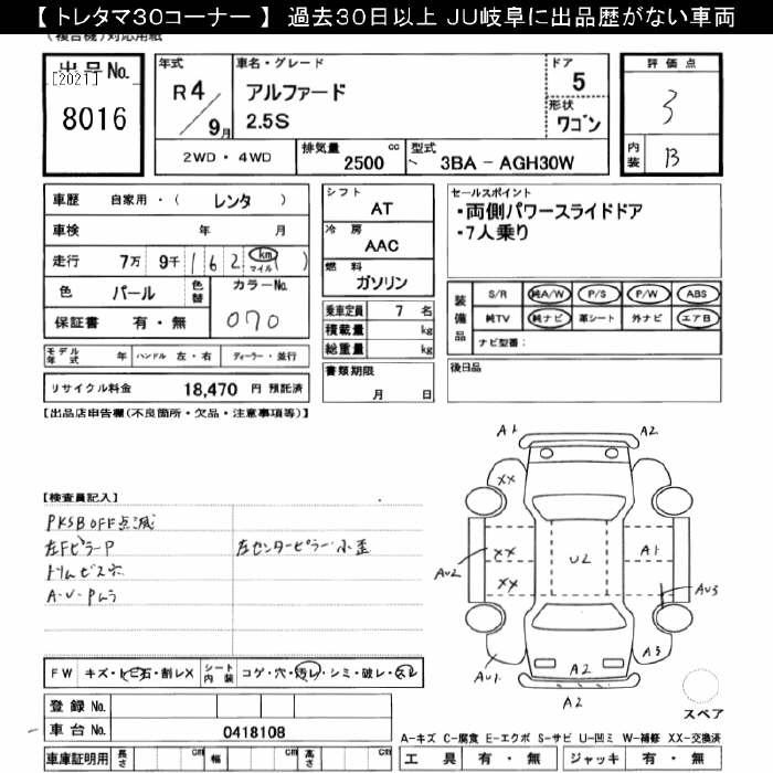 Аукционный лист TOYOTA ALPHARD 2022