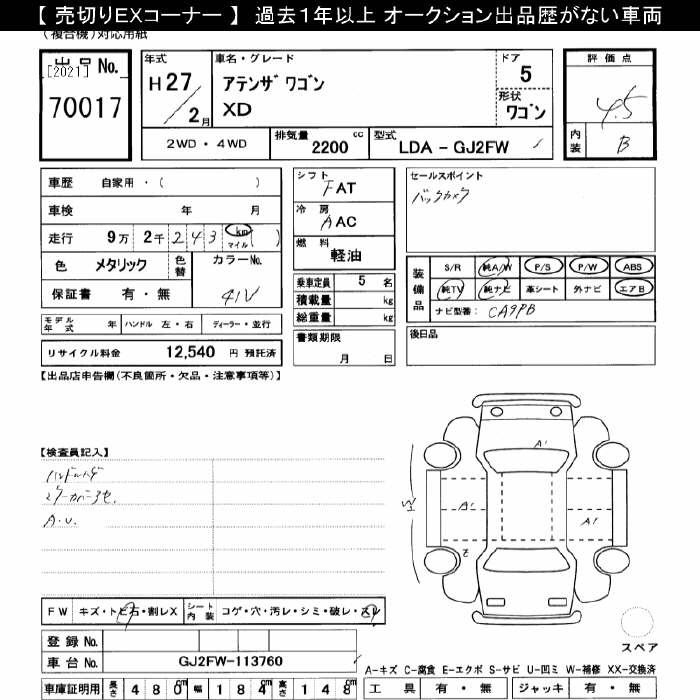 Аукционный лист MAZDA ATENZA WAGON 2015