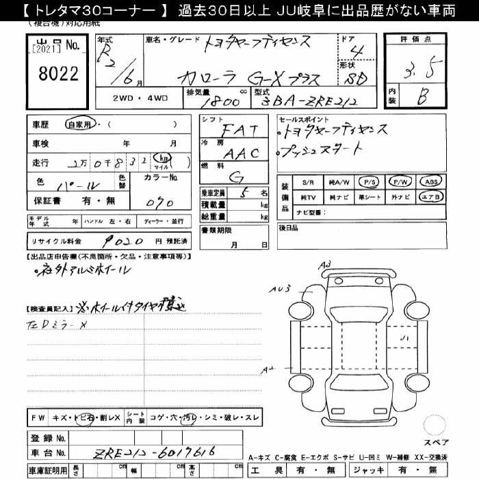 Аукционный лист TOYOTA COROLLA 2020