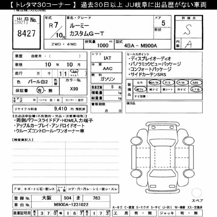 Аукционный лист TOYOTA ROOMY 2025
