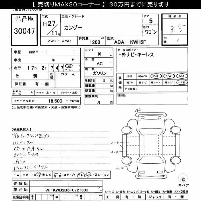 Аукционный лист RENAULT KANGOO 2015