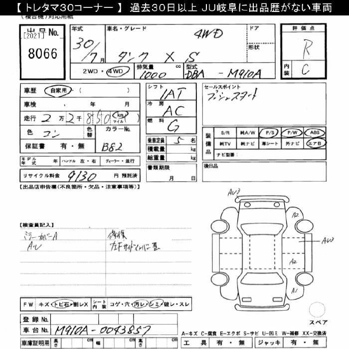 Аукционный лист TOYOTA TANK 2018