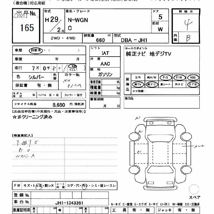 Аукционный лист HONDA N WGN 2017