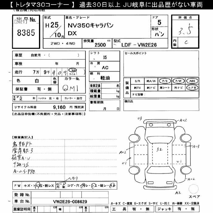 Аукционный лист NISSAN CARAVAN VAN 2013