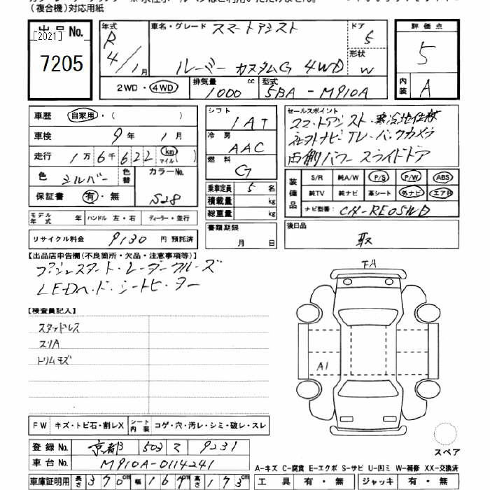Аукционный лист TOYOTA ROOMY 2022