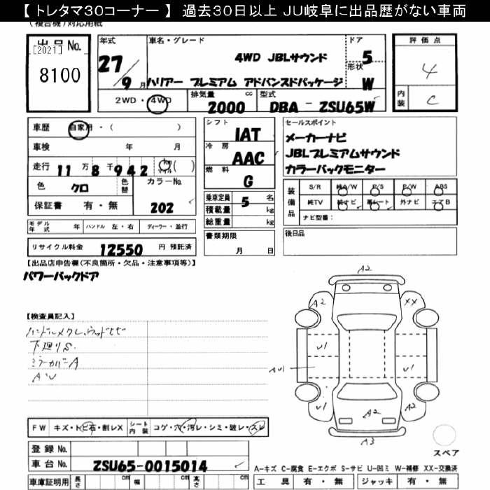 Аукционный лист TOYOTA HARRIER 2015