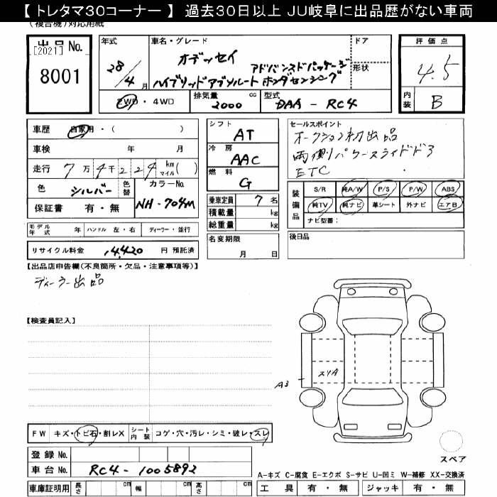 Аукционный лист HONDA ODYSSEY 2016