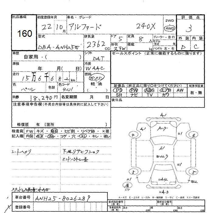 Аукционный лист TOYOTA ALPHARD 2010