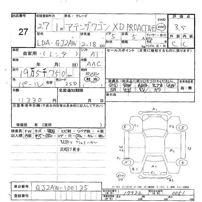 Аукционный лист MAZDA ATENZA WAGON 2015