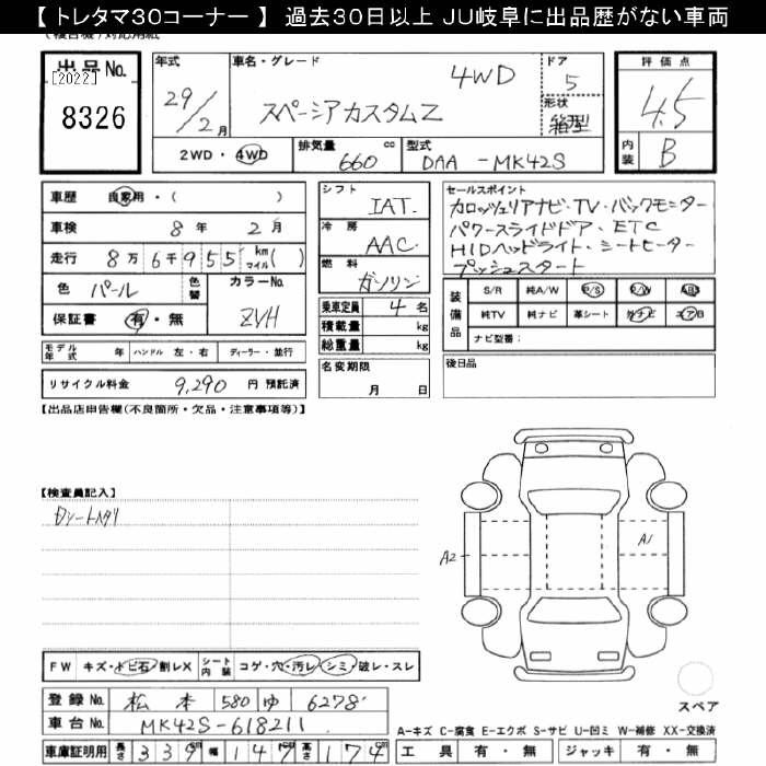 Аукционный лист SUZUKI SPACIA 2017