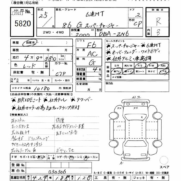 Аукционный лист TOYOTA 86 2013