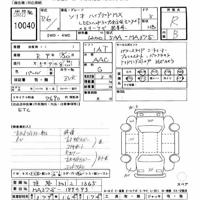 Аукционный лист SUZUKI SOLIO 2024