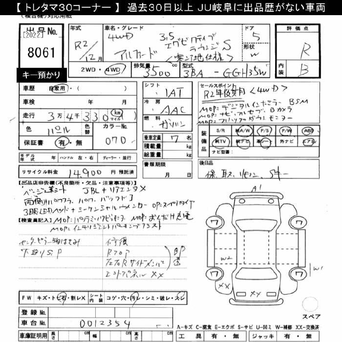 Аукционный лист TOYOTA ALPHARD 2020