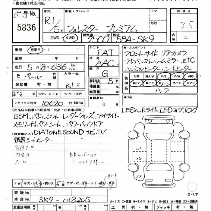 Аукционный лист SUBARU FORESTER 2019
