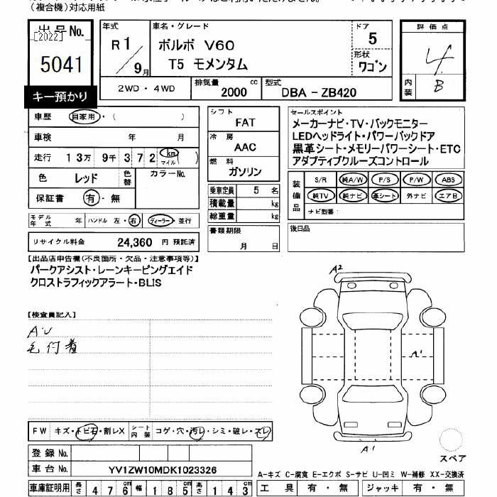 Аукционный лист VOLVO V60 2019