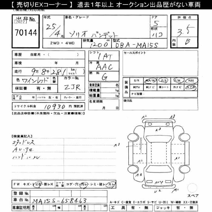 Аукционный лист SUZUKI SOLIO 2013