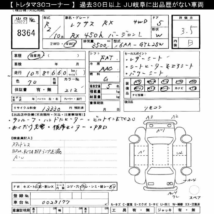 Аукционный лист LEXUS RX 2020