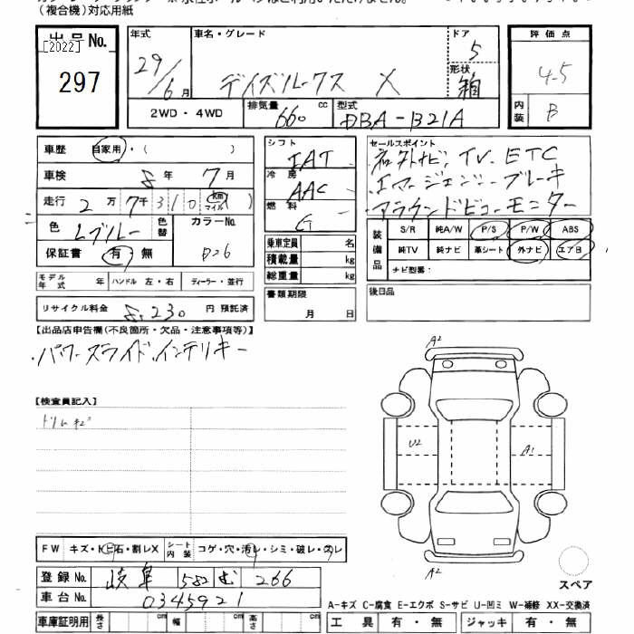 Аукционный лист NISSAN DAYZ ROOX 2017