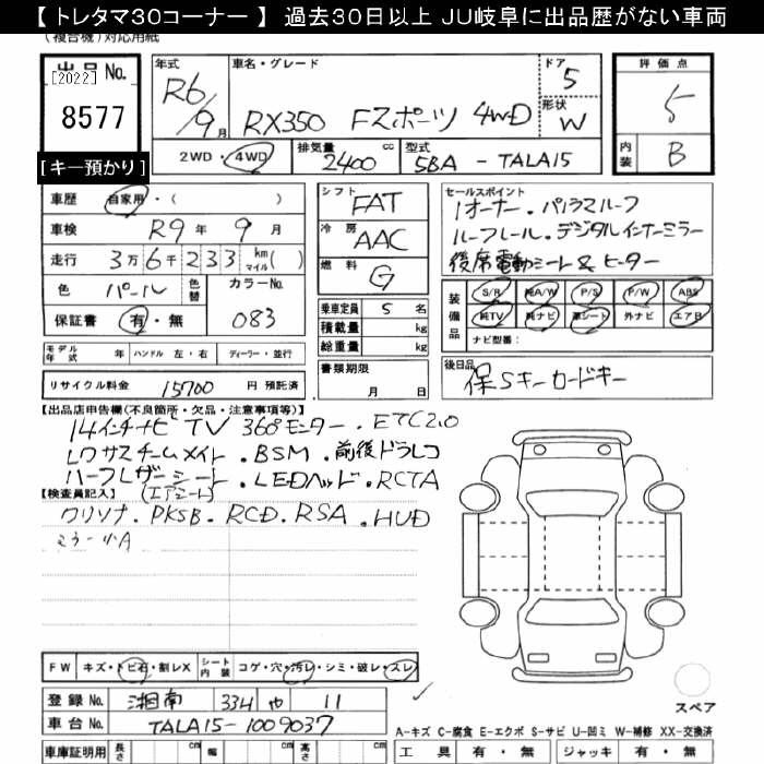 Аукционный лист LEXUS RX 2024