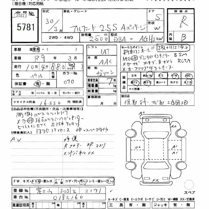 Аукционный лист TOYOTA ALPHARD 2018