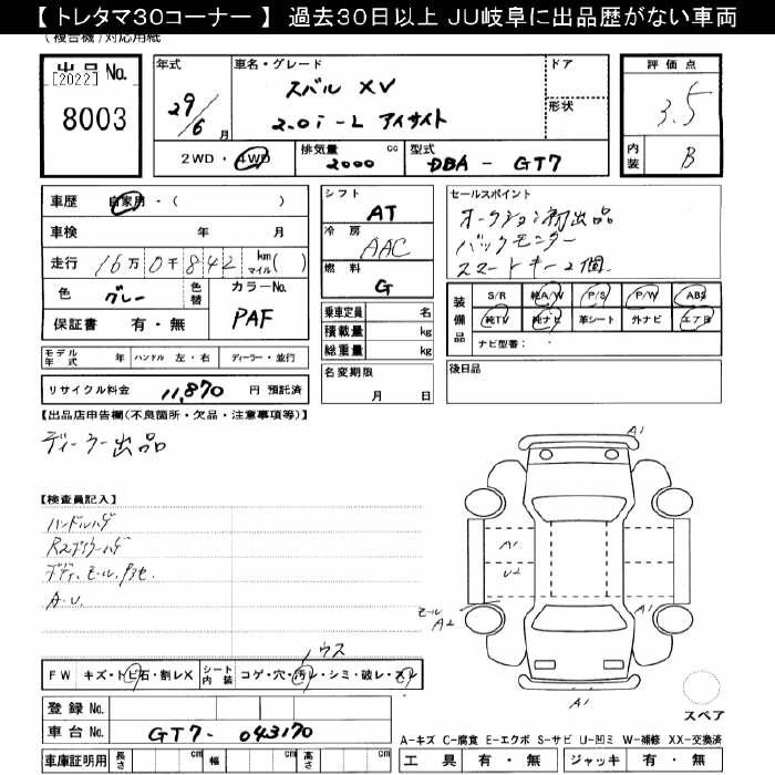 Аукционный лист SUBARU XV 2017