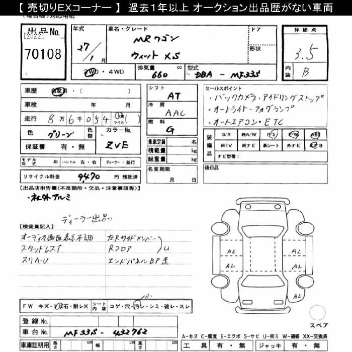 Аукционный лист SUZUKI MRWAGON 2015