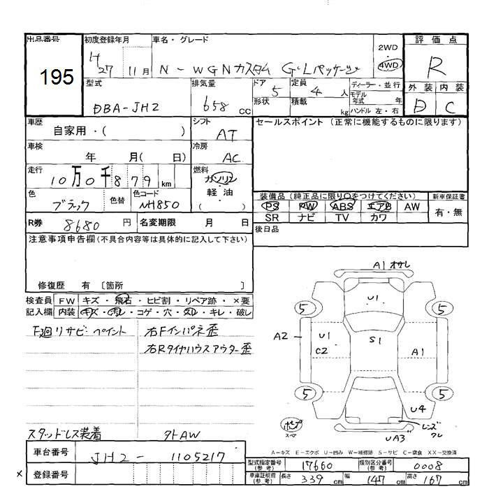 Аукционный лист HONDA N WGN 2015