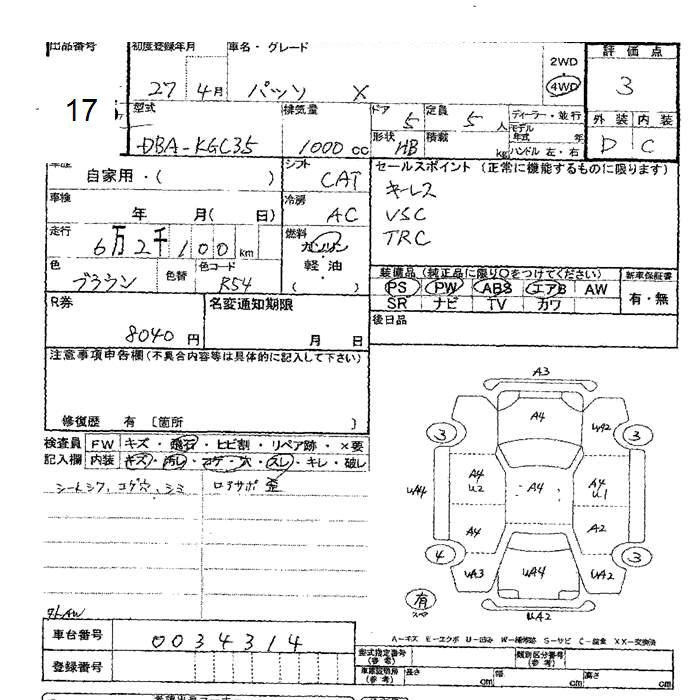 Аукционный лист TOYOTA PASSO 2015