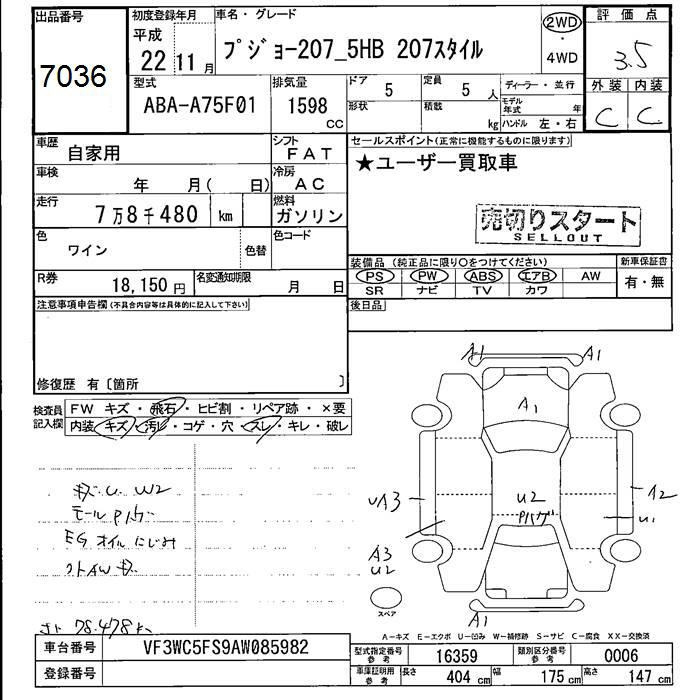 Аукционный лист PEUGEOT 207 2010