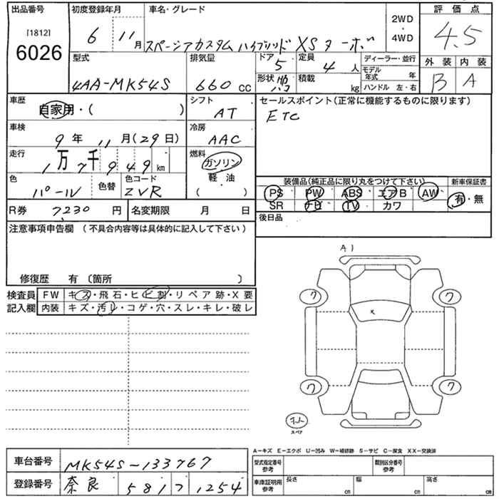 Аукционный лист SUZUKI SPACIA 2024