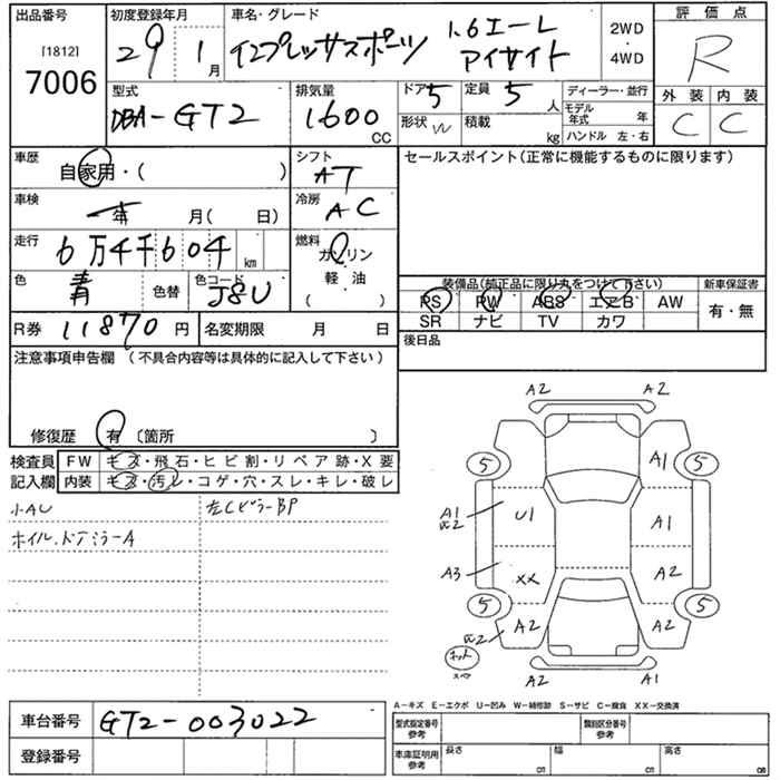 Аукционный лист SUBARU IMPREZA 2017