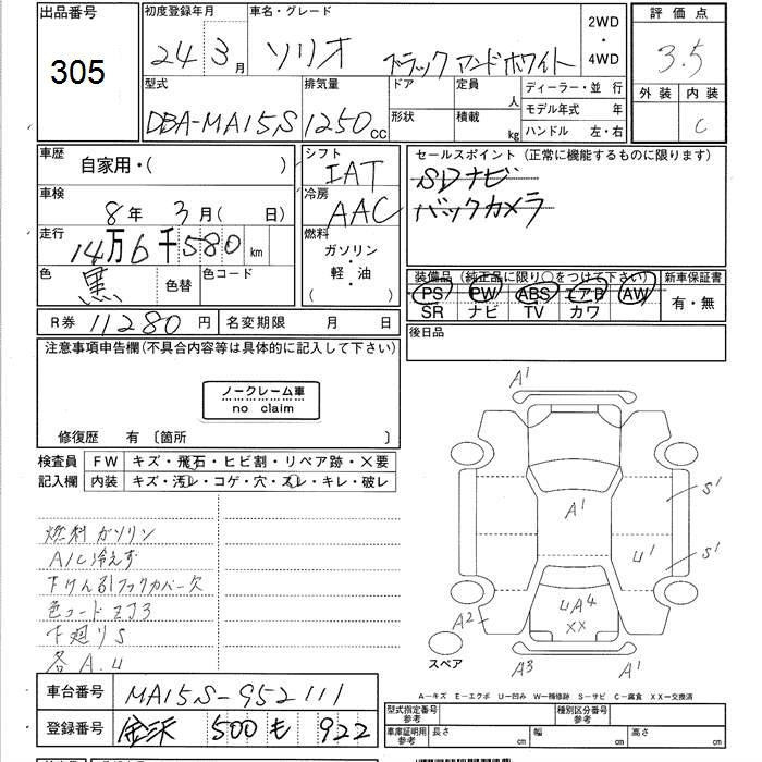 Аукционный лист SUZUKI SOLIO 2012