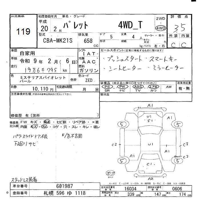 Аукционный лист SUZUKI PALETTE 2008