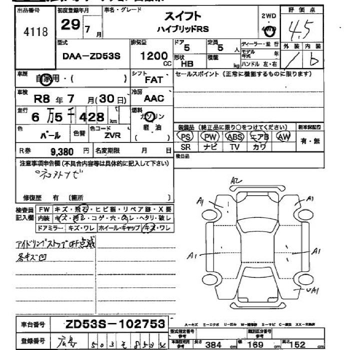 Аукционный лист SUZUKI SWIFT 2017