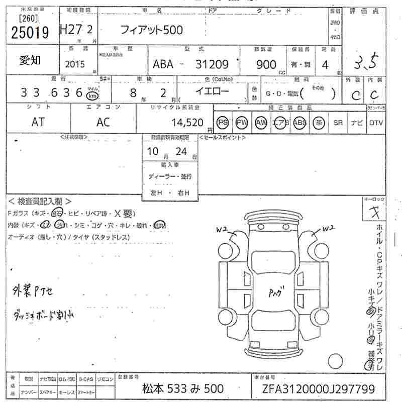 Аукционный лист FIAT 500 2015