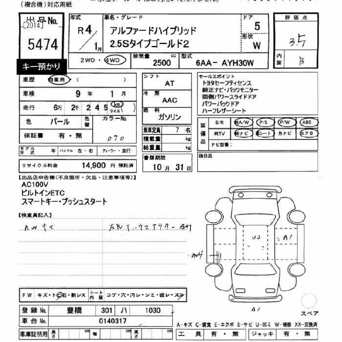 Аукционный лист TOYOTA ALPHARD 2022