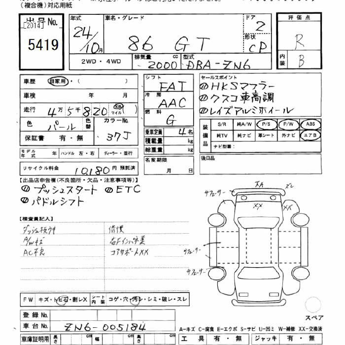 Аукционный лист TOYOTA 86 2012