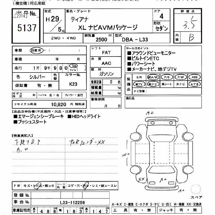 Аукционный лист NISSAN TEANA 2017