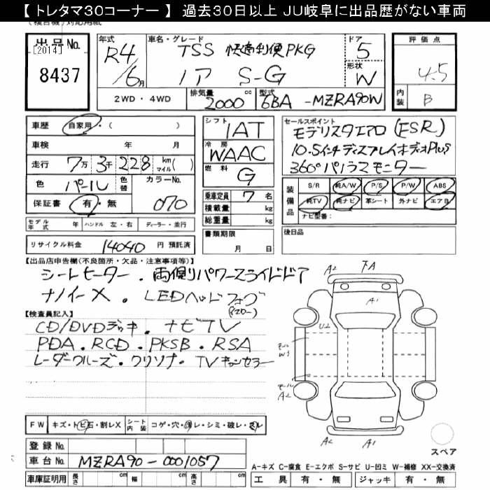 Аукционный лист TOYOTA NOAH 2022
