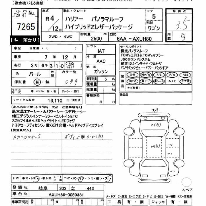 Аукционный лист TOYOTA HARRIER 2022