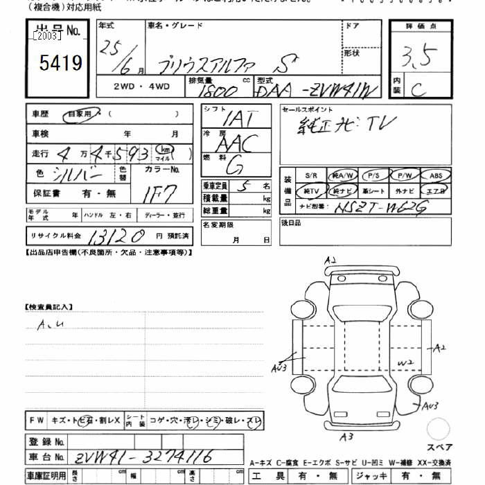 Аукционный лист TOYOTA PRIUS ALPHA 2013