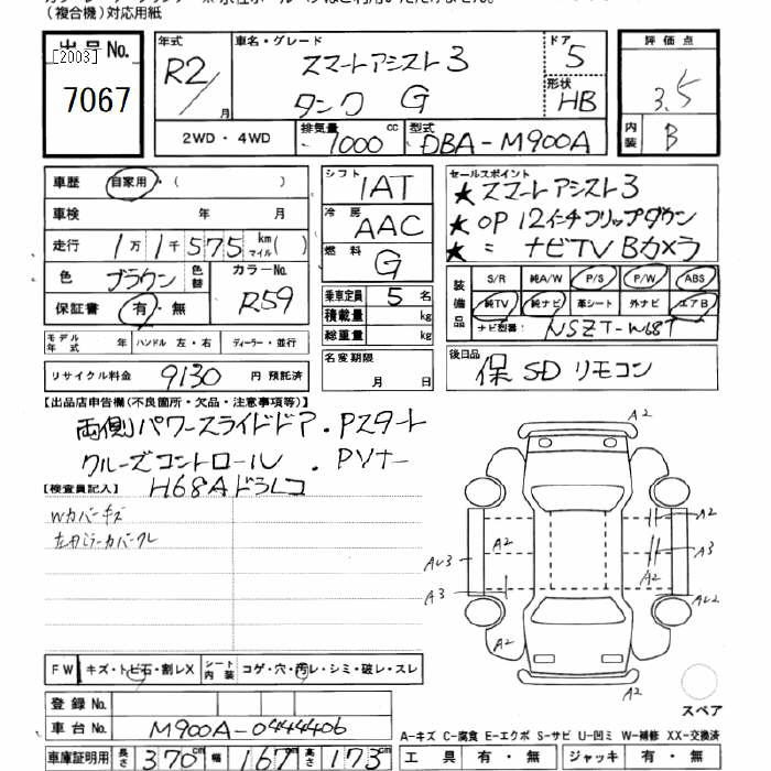 Аукционный лист TOYOTA TANK 2020
