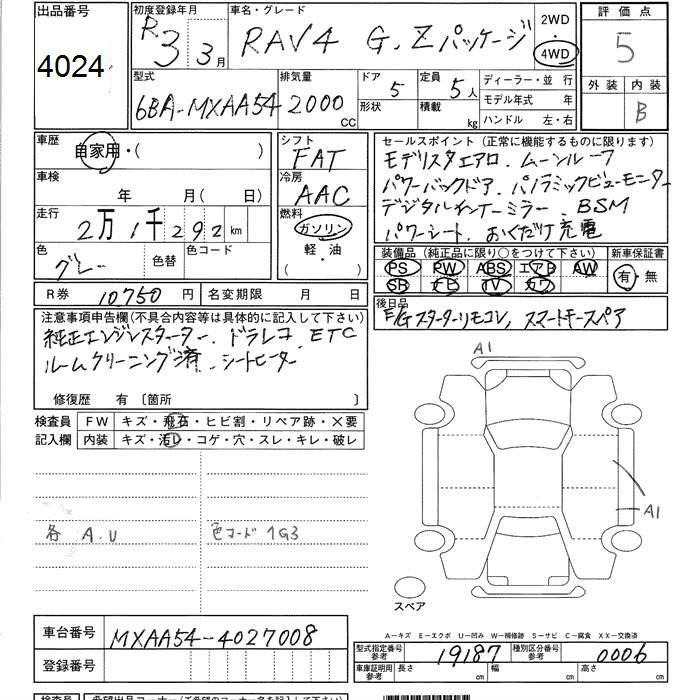 Аукционный лист TOYOTA RAV4 2021
