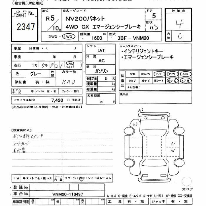 Аукционный лист NISSAN NV200 2023