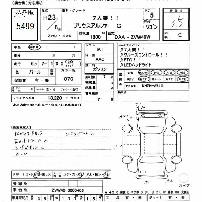 Аукционный лист TOYOTA PRIUS ALPHA 2011