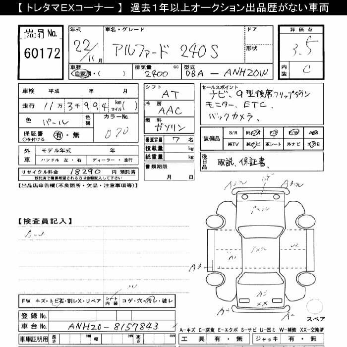 Аукционный лист TOYOTA ALPHARD 2010