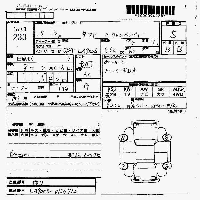 Аукционный лист DAIHATSU TAFT 2023